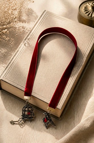 Red ribbon bookmark with - ribbon, metal